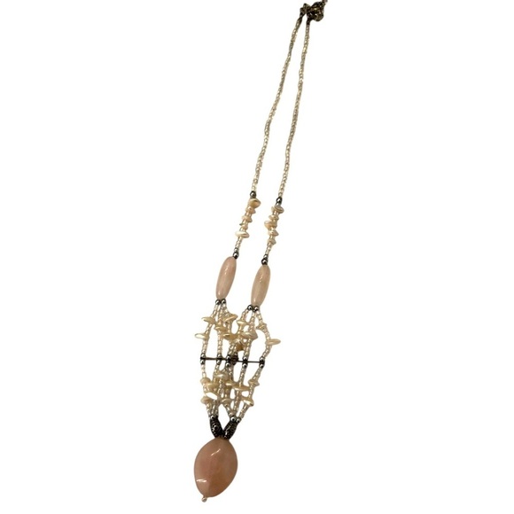 Vintage LdadPR faceted pink quartz pendant pale pink pearlized beads extender - Picture 3 of 6